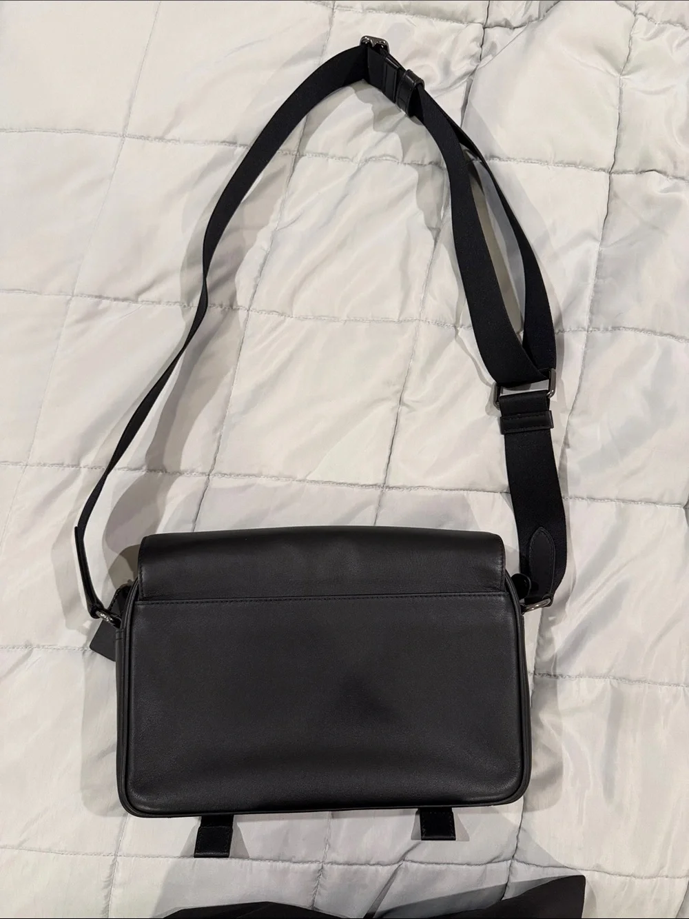 Coach Black Leather Men’s Messenger Bag with Silver Buckles